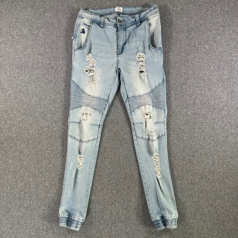 Kuwallatee Mens‎ Moto Jogger Jeans 30 Light Wash Distressed Biker Denim Pants
